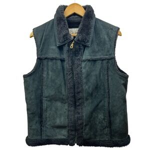 D'Carlo Leather Shearling Vest Women L Forest Green‎ Black Lined Zip Winter Wear